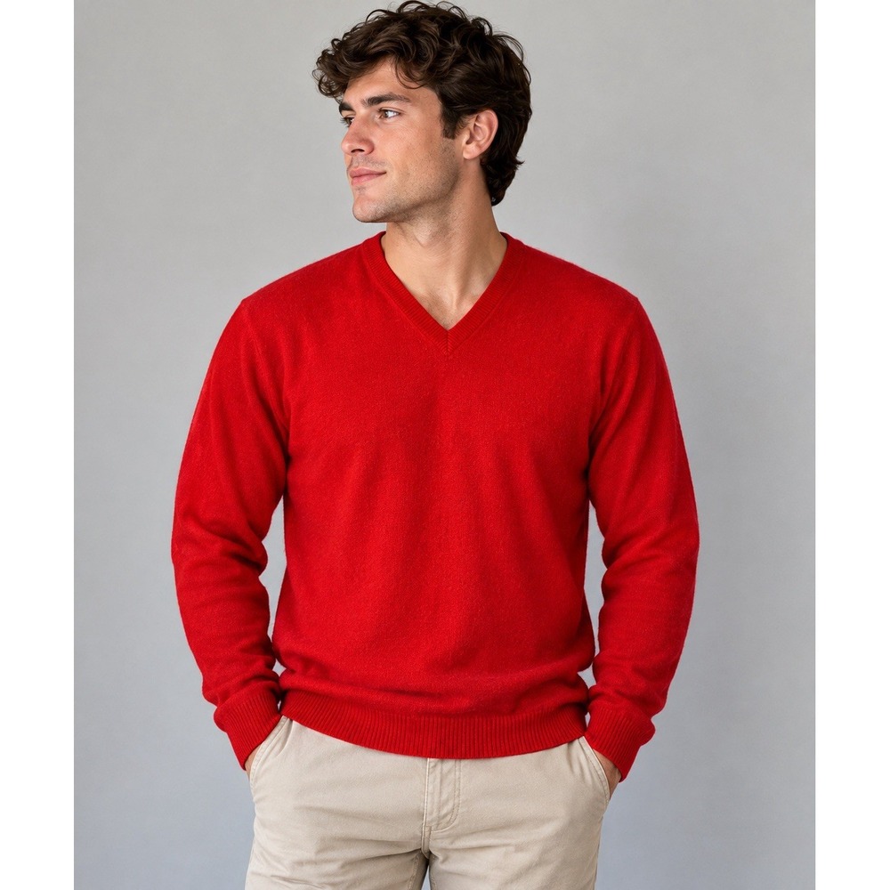 King Deer Men's Cashmere Sweater Large Red V Neck 100% Cashmere Classic Pullover